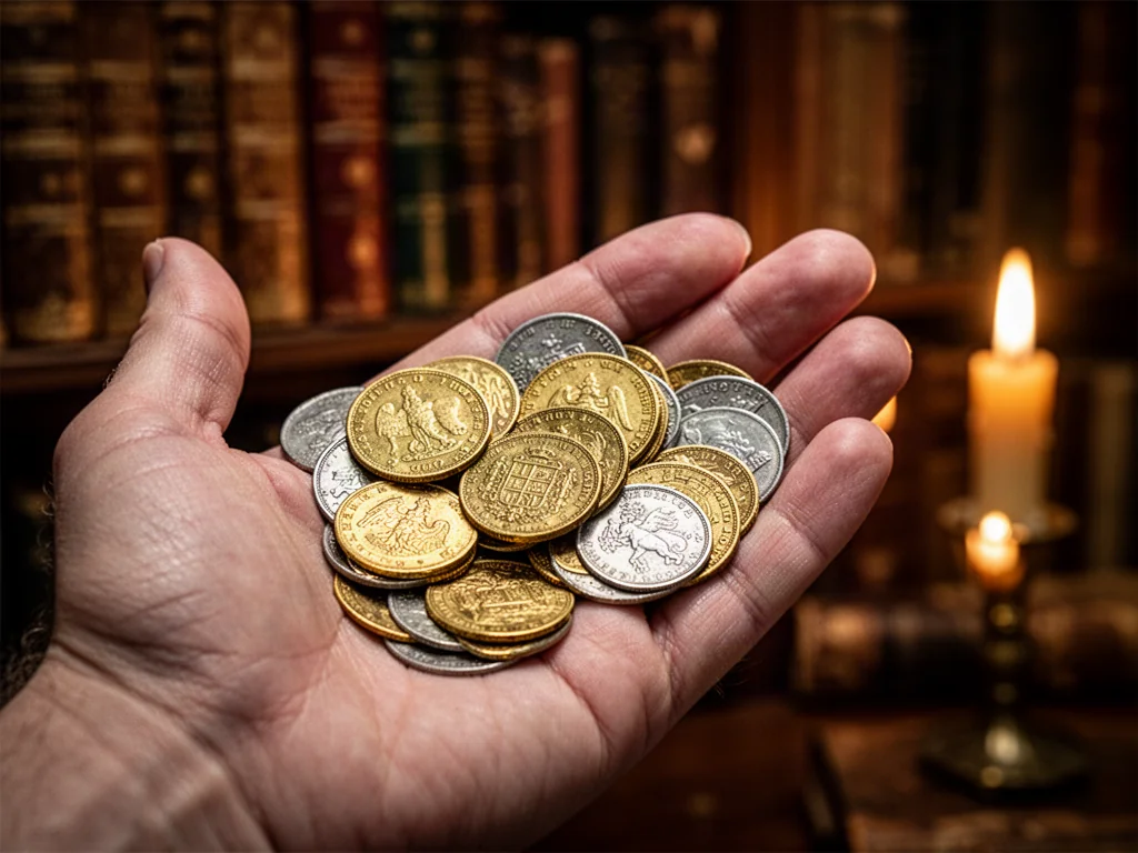 Dłoń trzymająca zabytkowe złote i srebrne monety na tle biblioteki, podkreślająca historyczny charakter numizmatyki.