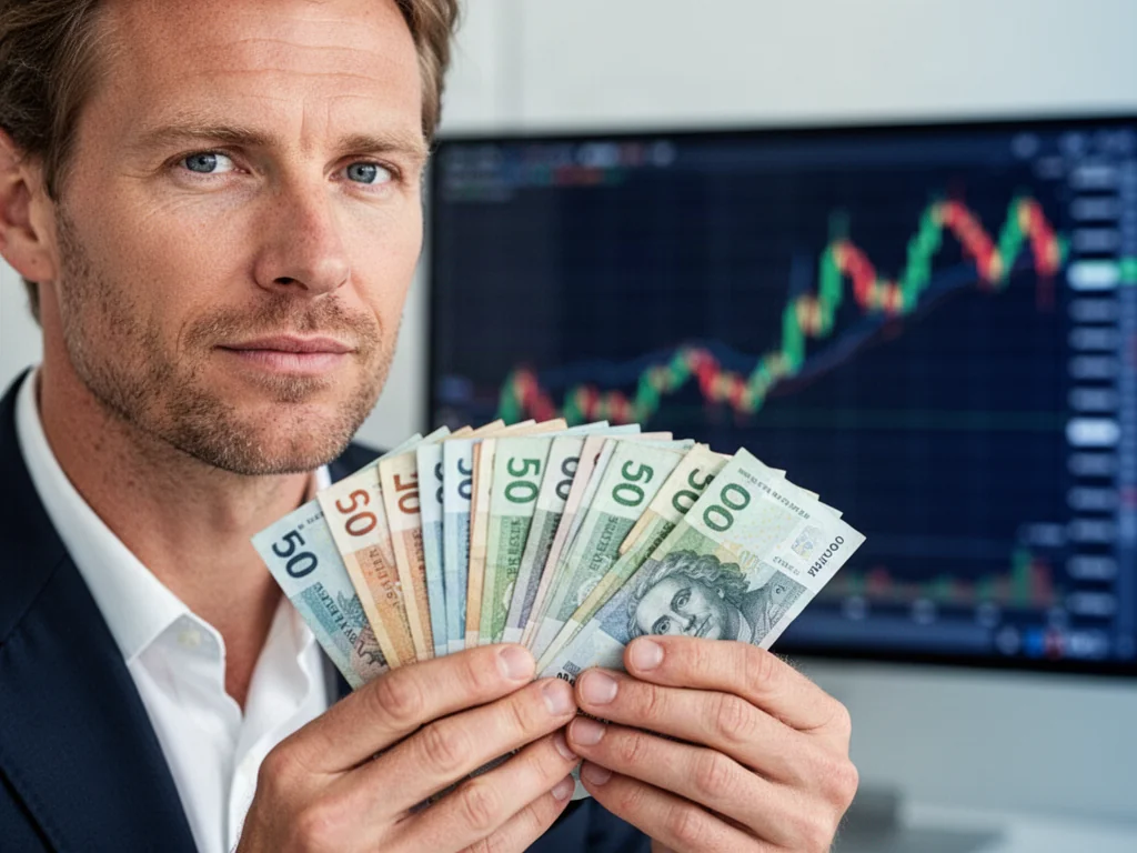 Mężczyzna trzymający w dłoniach plik banknotów na tle rozmytego wykresu finansowego, symbolizujący obieg pieniądza.