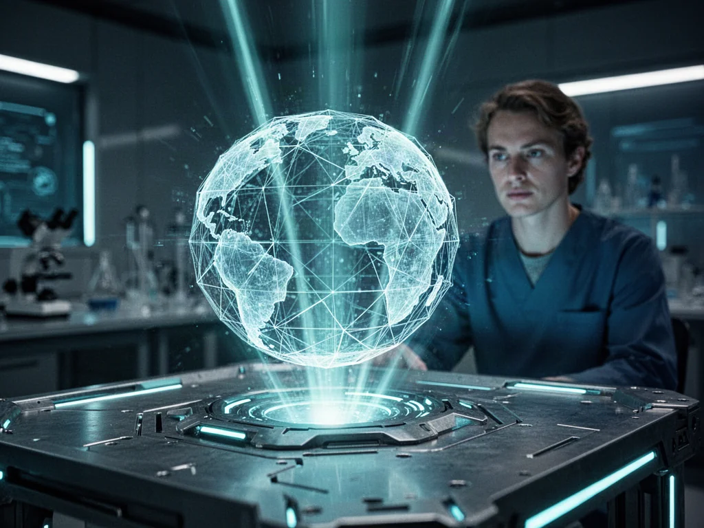 Świetlisty, trójwymiarowy hologram geometrycznej kuli unoszący się nad nowoczesnym stołem w laboratorium.